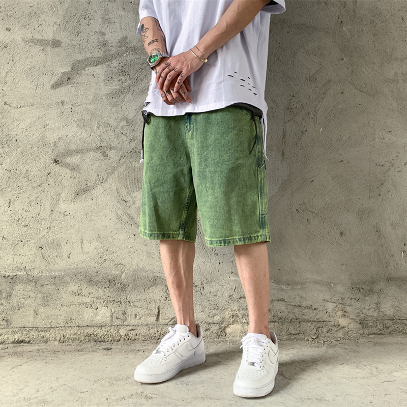 

Original Streetwear Washed Ribbons Jeans Shorts Straight Loose Casual Denim Trousers Ripped Frayed Baggy Shorts Men and Women, Green