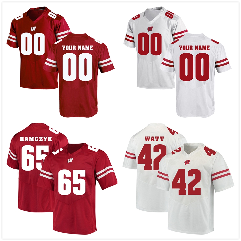 

Custom Wisconsin Badgers college jersey Watt Jonathan Taylor Russell Wilson James White Montee Ball Football stitched Jerseys, Red with 150th patch