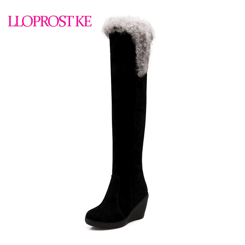 

Lloprost Ke Faux Fur Thigh High Boots Women Winter Boots Wedges High Heels Shoes Long-barreled Thermal Winter Snow Shoes zz005, Red