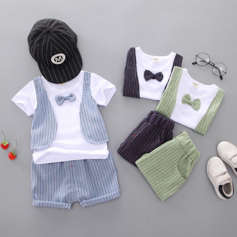 

1 year birthday gentleman newborn baby boy clothes formal striped short sleeve suit summer baby boy wear clothing outerwear sets, Blue