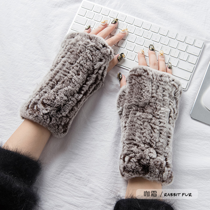 

Lovely Women's Real Rex Fur Winter Gloves Fingerless Knitted Mittens Arm Sleeve Warm Soft