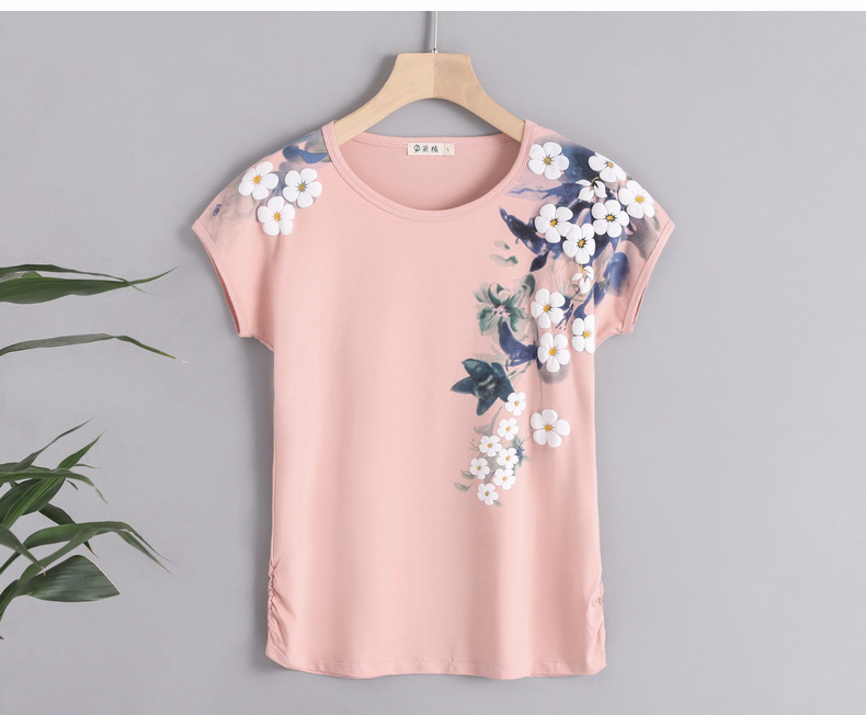 

2020 new arrival cotton floral print t shirt women 4XL summer tops short sleeve graphic tees o-neck tshirt modis tee shirt femme, Blue
