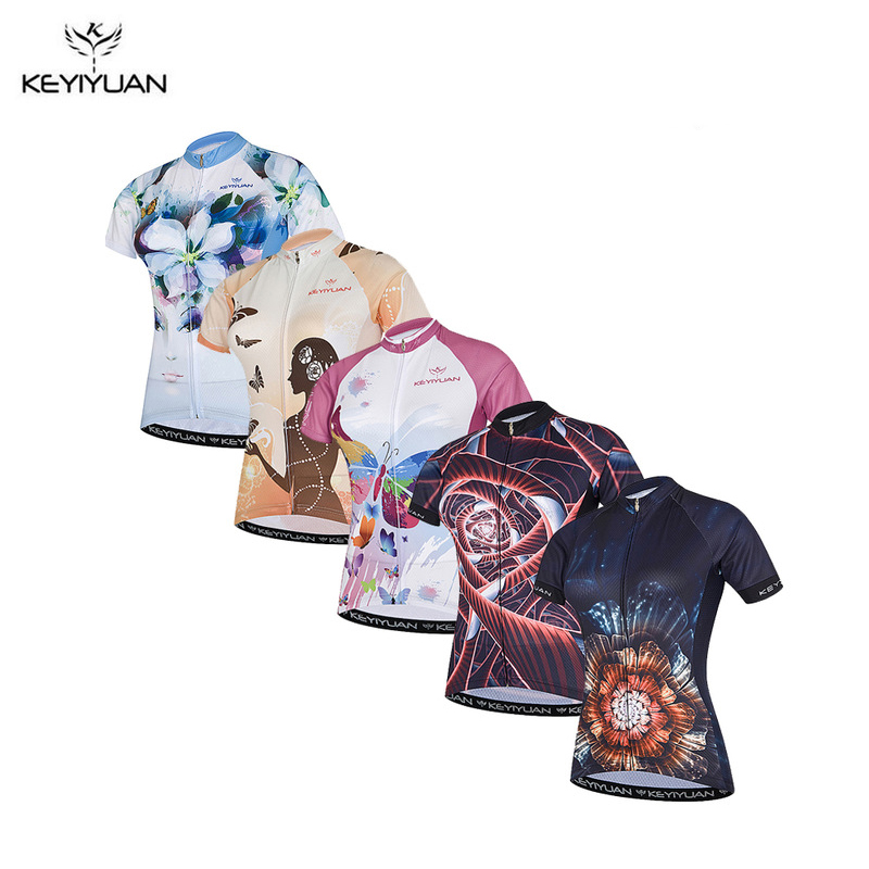 

KEYIYUAN Women' Short Sleeve Cycling Jersey Quick Dry Breathable MTB Bike Clothing Full Zip Tops T-shirt ropa ciclismo