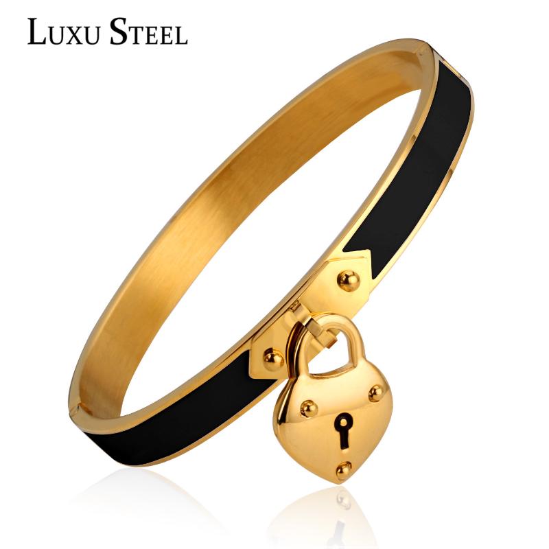 

LUXUSTEEL Jewelry Gift Stainless Steel Heart Key Pendant Black White Resin Charm Bangles Gold Color Cuff Bangles Pulseiras Party
