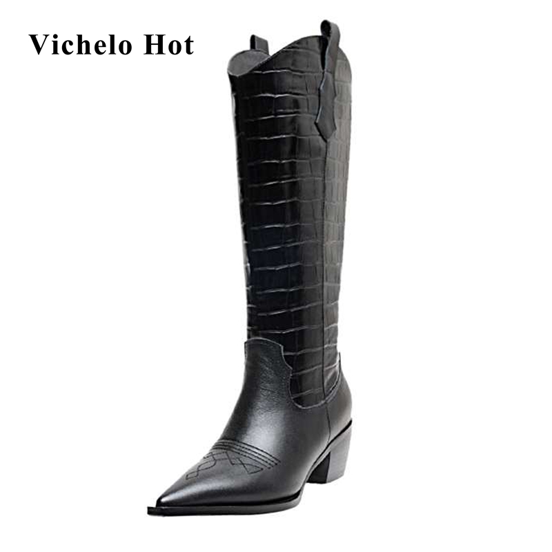 

Vichelo Hot genuine leather pointed toe high heel vintage western boots young lady elegant winter classic knee-high boots L81, Black