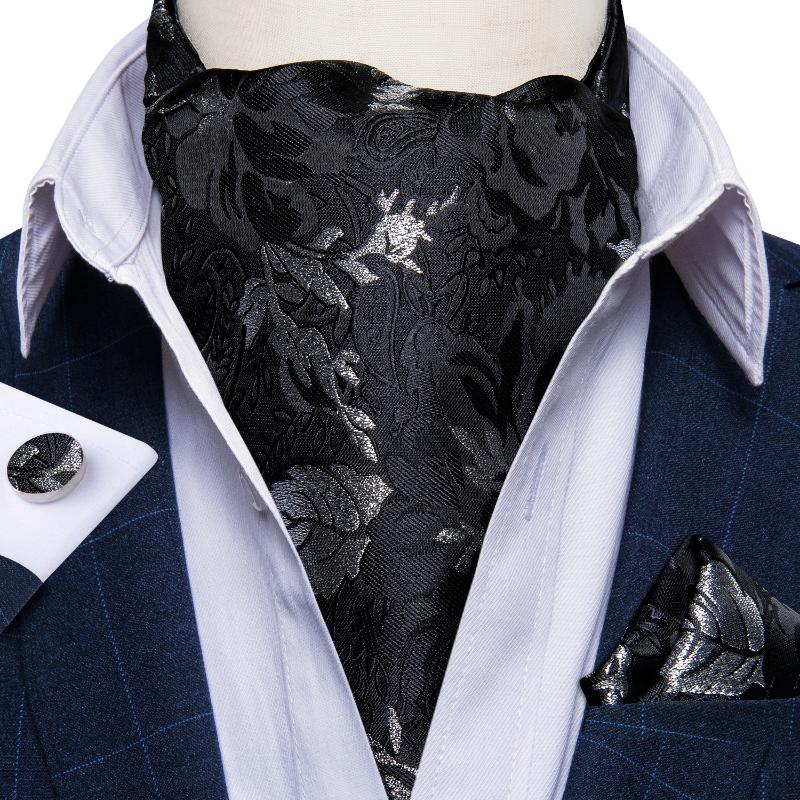 

Bow Ties Men Vintage Black Floral Ascot Tie Self British Style Gentleman 100% Silk Cravat Necktie Pocket Square Cufflinks 3pc Set DiBanGu