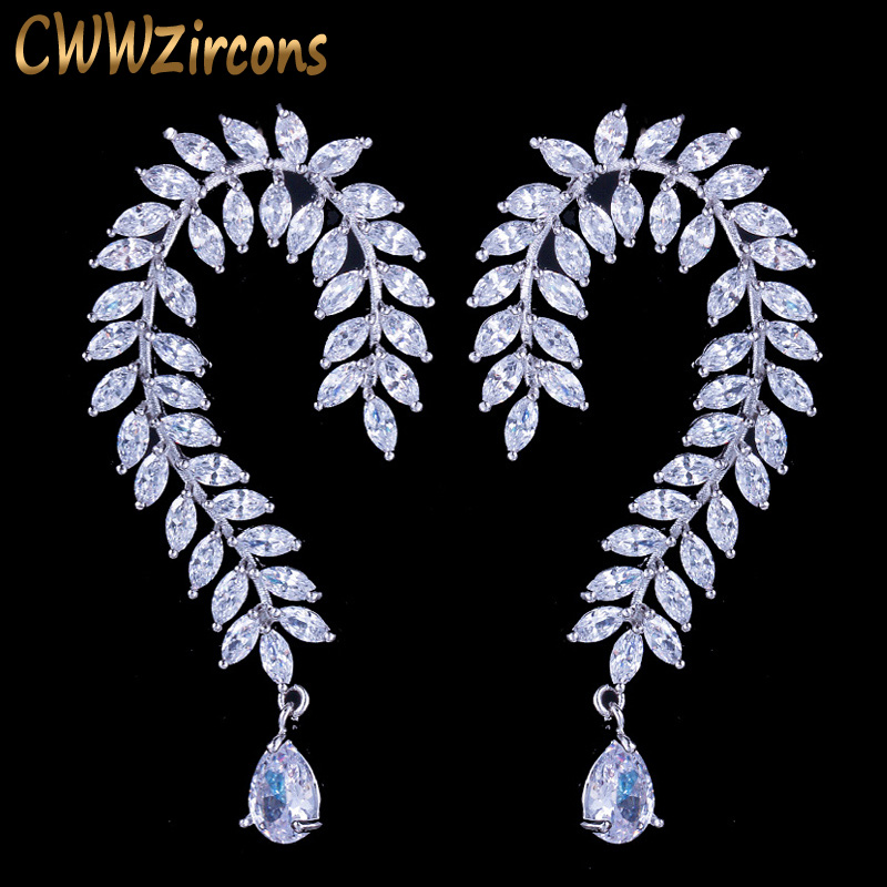 

CWWZircons Designer Olive Leaf Cubic Zirconia Crystal Big Long Party Earrings Jewelry Womens Accessories CZ283