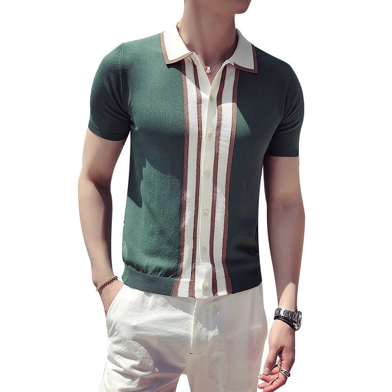 

Contrast Knit Stripe Shirt British Men Fashion Short Sleeve Camisa Masculina Playera Hombre Black Green