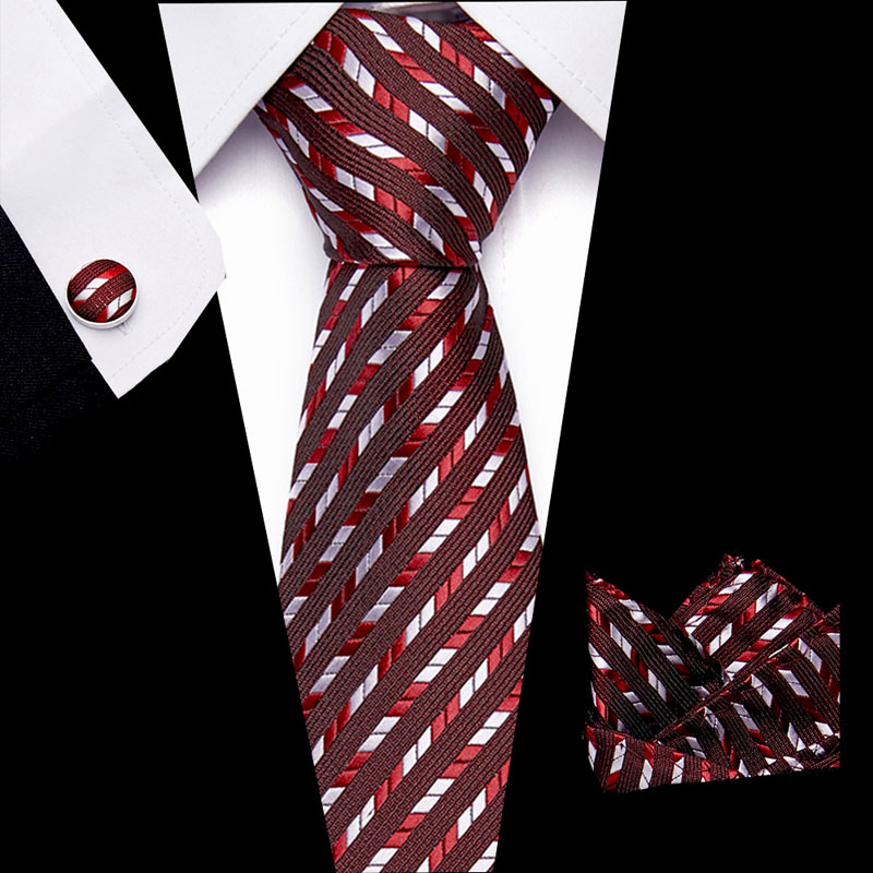 

New Classic Plain Striped Tie Men's 7.5cm Silk Necktie Set Blue Green Purple Gray Red Wedding Solid Tie Hanky Cufflinks Set