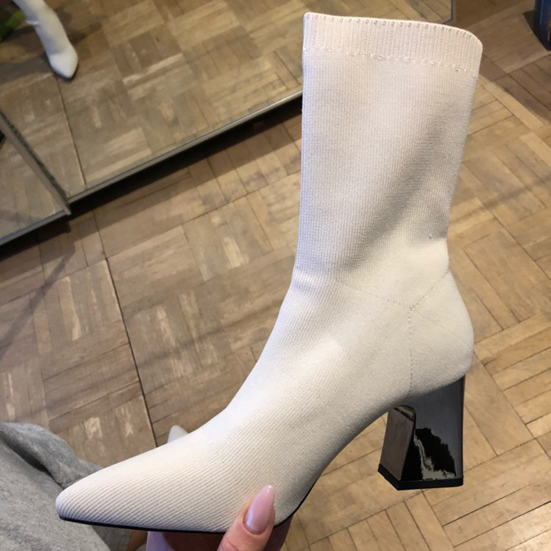 

Autumn Fashion Women Beige Yarn Elastic Boots Stretch Fabric Ankle Boots Winter Chunky Medium Heels Socks Plus Size Shoes