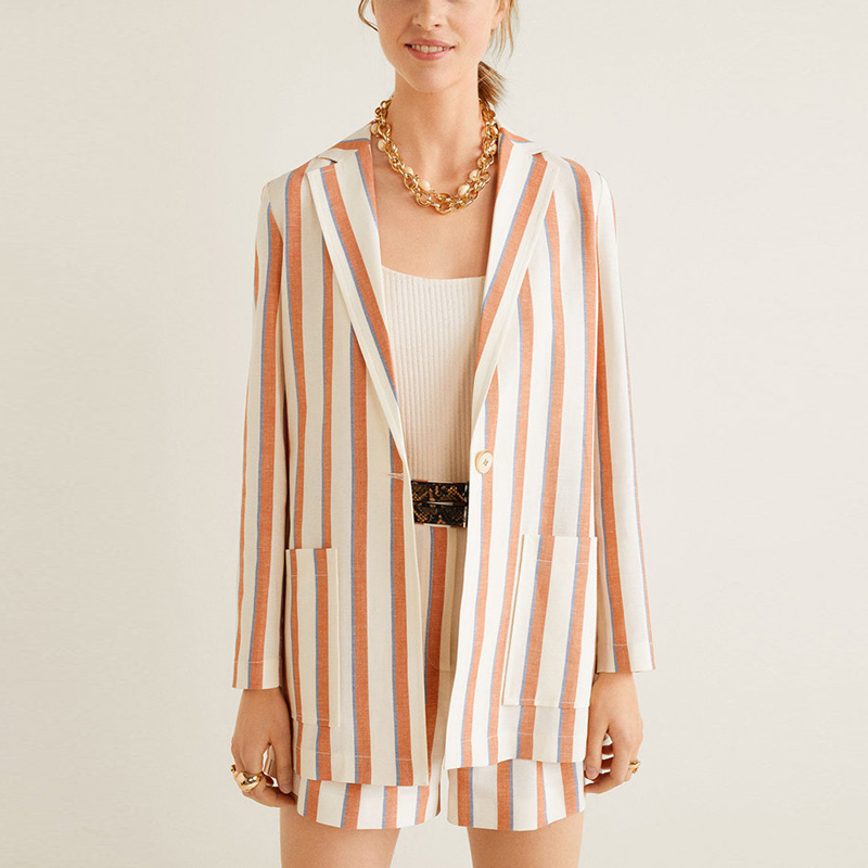 

Bella philosophy women 2020 autumn stripe single button blazer office lady high shorts suit two piece set
