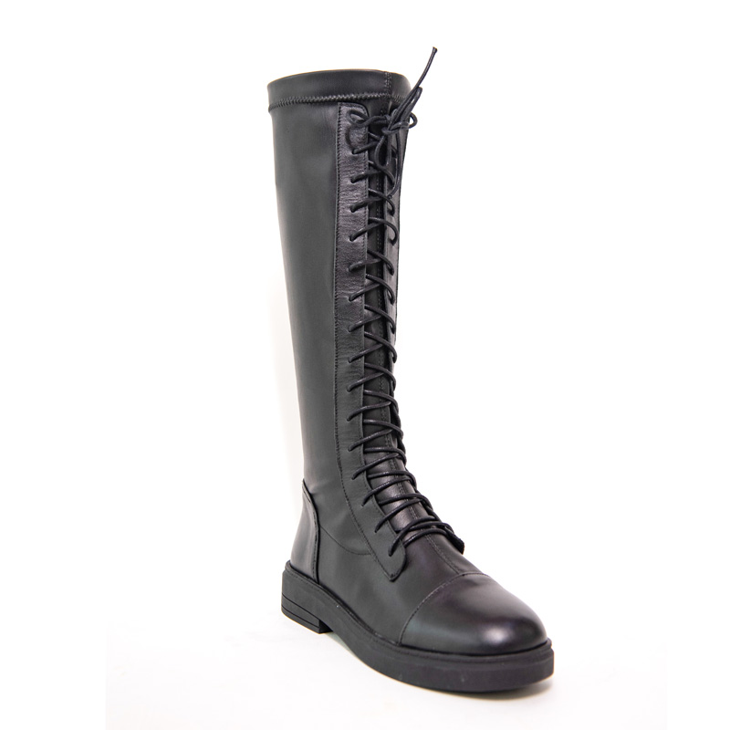 

Leather Knee High Boots Women Autumn Winter Low Square Heel Ladies Stretch Shoes G260 Woman Cross Strap Black Round Toe Boots