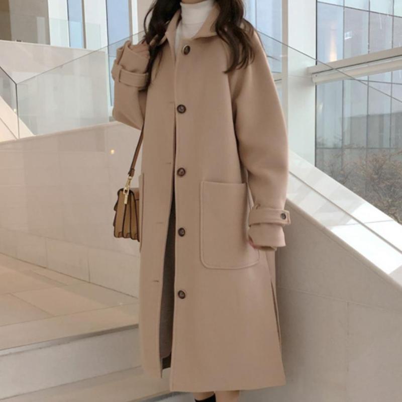 

New Winter Fashion Women preppy style woole Coat Warm Long loos Vintage Thick Casual College wool blends Overcoat, Black