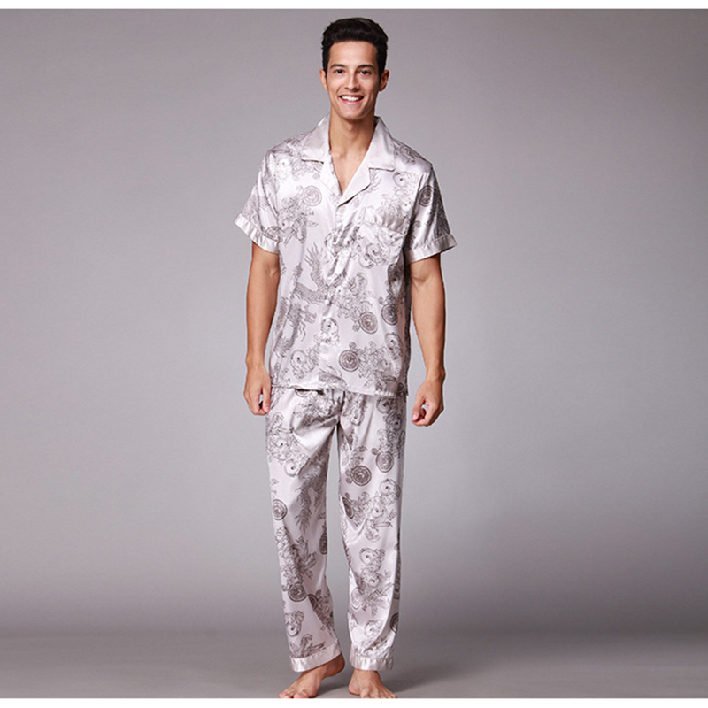 

Men Satin Sleepwear Set Short Sleeve Long Pants Print Silk Pajamas Male Casual Home Clothing Autumn Open Stitch Nightwear, 40249 brown