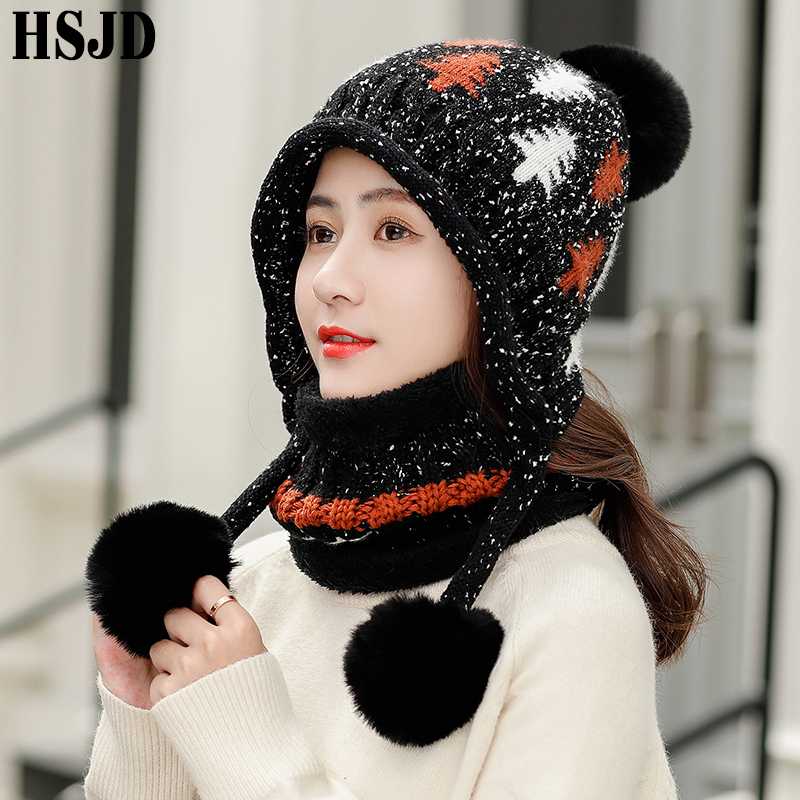 

2020 Winter Women Beanies Hats With Three Pompom Ball Xmas Tree Jacquard Knit Hat Scarf 2 Piece Set Thick Warm Female Ski Cap, Black