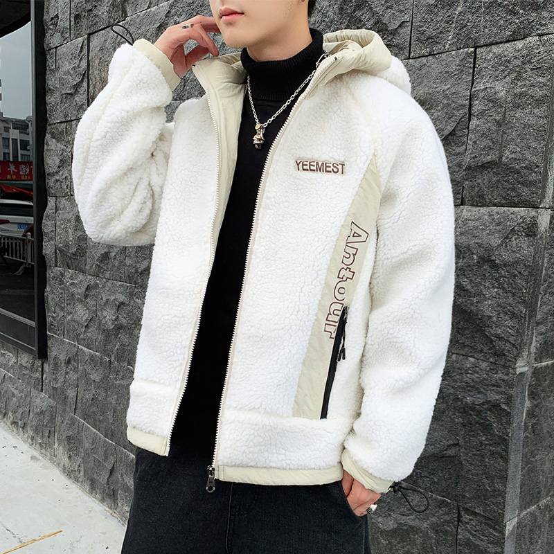 

Men Cashmere Coat Solid Color Splicing Hooded Pocket Windproof Warm Zipper Pocket Non-slip Buckle Man Lamb Cashmere Coat, Gray