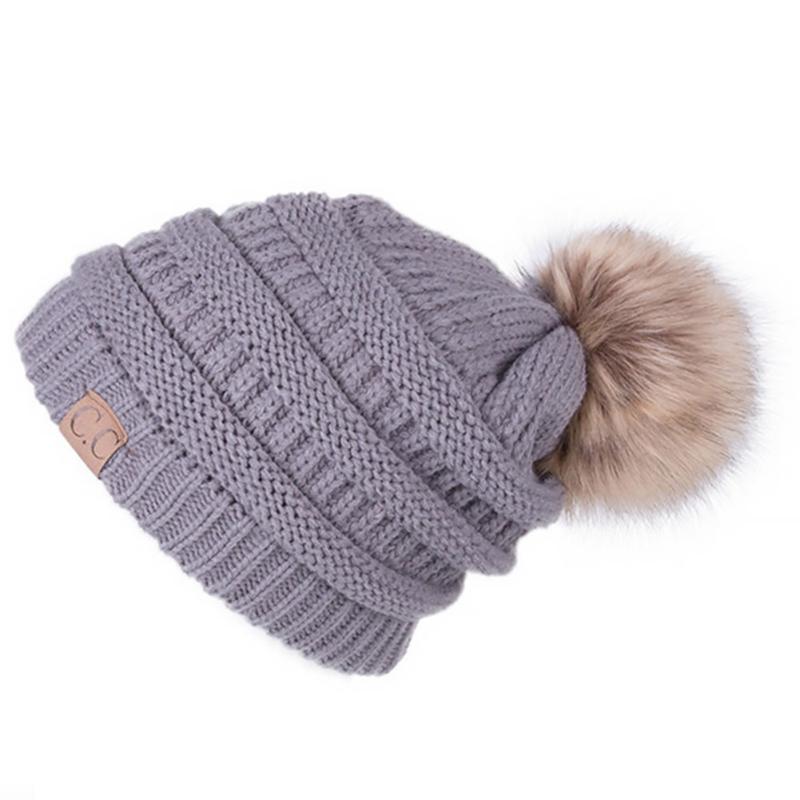 

Knitted Cap Plush Ball Cute Beanie Thick Casual Warm, White