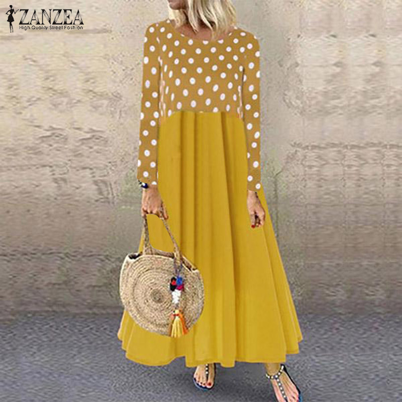 

ZANZEA Women Vintage Autumn Long Sleeve Polka Dot Dress Pacthwork Long Sundress Femme Bohemian Loose Dresses Casual Robe Vestido, Black