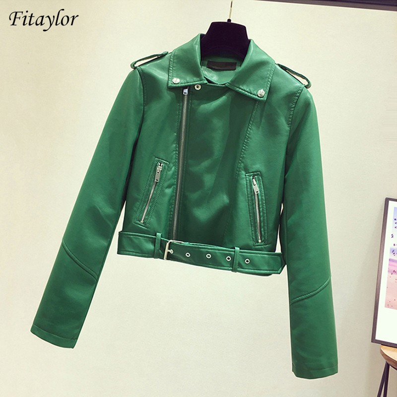 

Fitaylor 2020 New Autumn Women Pu Faux Soft Leather Jacket With Belt Casual Female Motorcycle Biker Turn Down Collar Black Coat, Beige