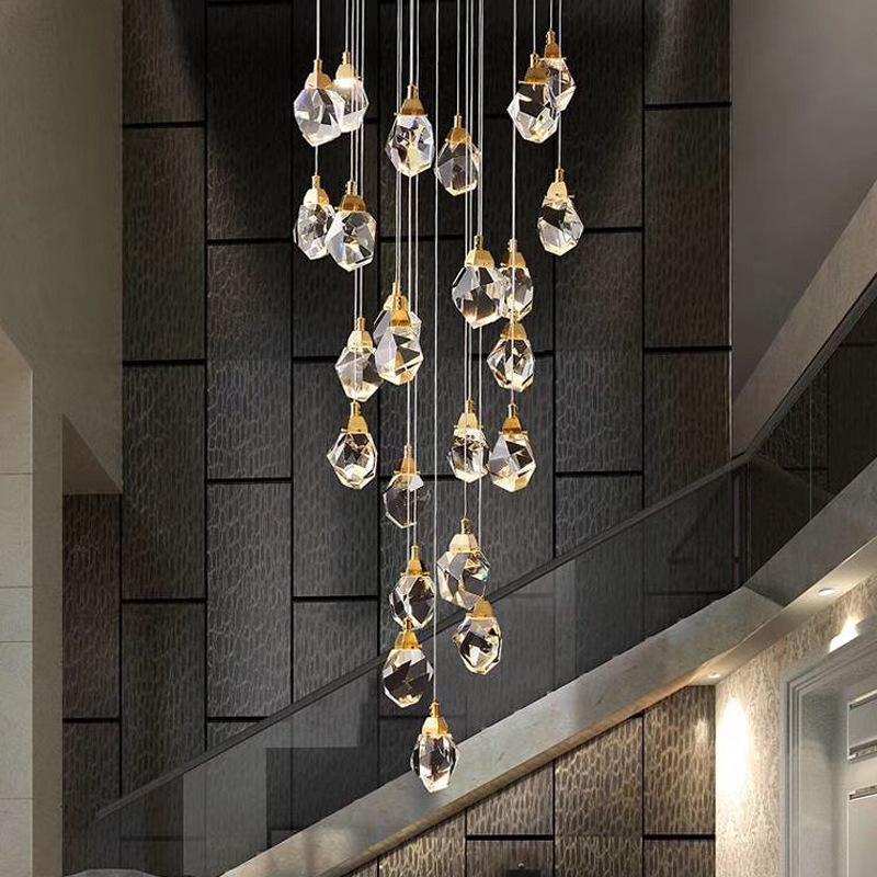 

All-copper staircase led chandelier lights post-modern atmosphere light luxury crystal pendant lamps duplex building lobby spiral staircase