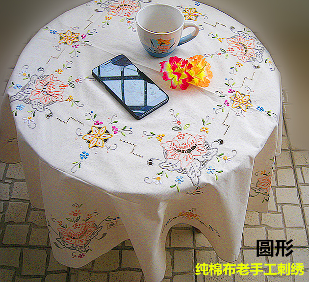

Special foreign trade natural color pure cotton old hand embroidered round table cloth diameter 172cm round