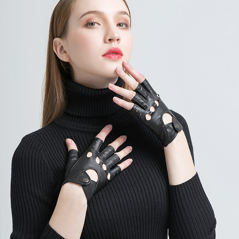 

Genuine Leather Gloves for Women Black Fashion Goatskin Fingerless Unlined Gloves Winter Half Finger Driving Streetwear New