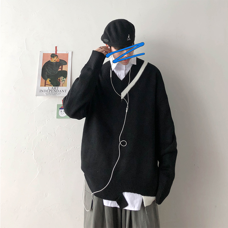 

2020 Winter Men's Hit Color Coats School Wind V-Collar Brand In Warm Knitting Woolen Sweaters Casual Cashmere Pullover -2XL, White