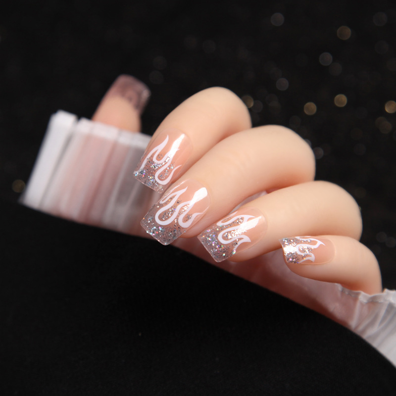 

24pcs Silver Powder Flame False Nails Flesh-colored Transparent Square Head Personality Trendy Mid-length Nail Piece DL, As show