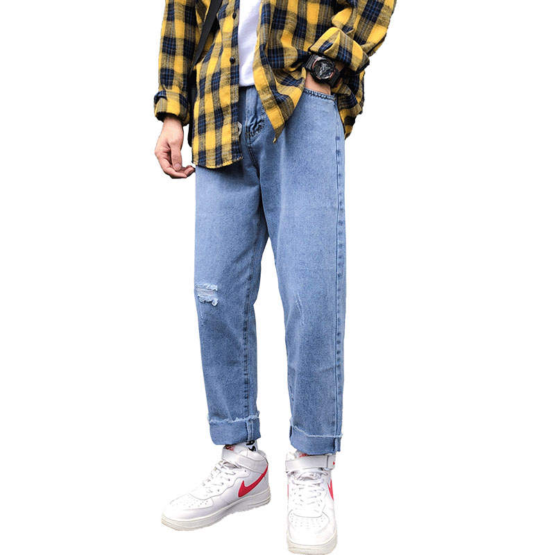 

Cotton Jean Men's Pants Vintage Hole Cool Trousers for Guys Summer Europe America Style ripped jeans Male, Black