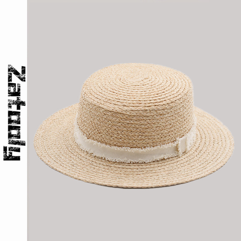 

2020 Summer natural Lafite Flat roof Straw Hat decoration Ladies Cap Fashionable Handmade Casual Sun Hats for Women 3 Size, Brim 5cm