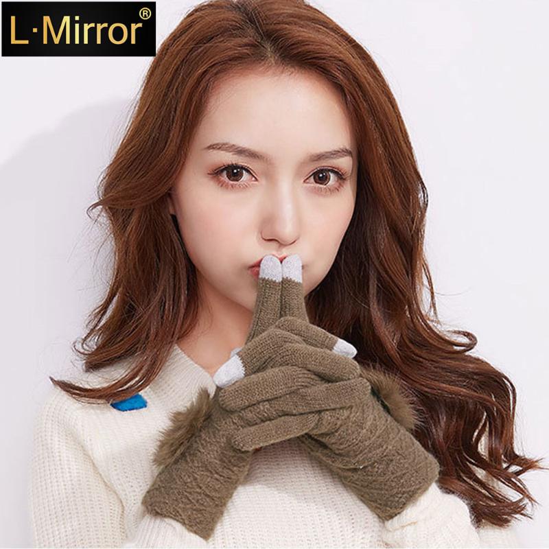 

L.Mirror 1Pair Women Winter Hair Ball Full Finger Knit Gloves Touch Screen Mittens