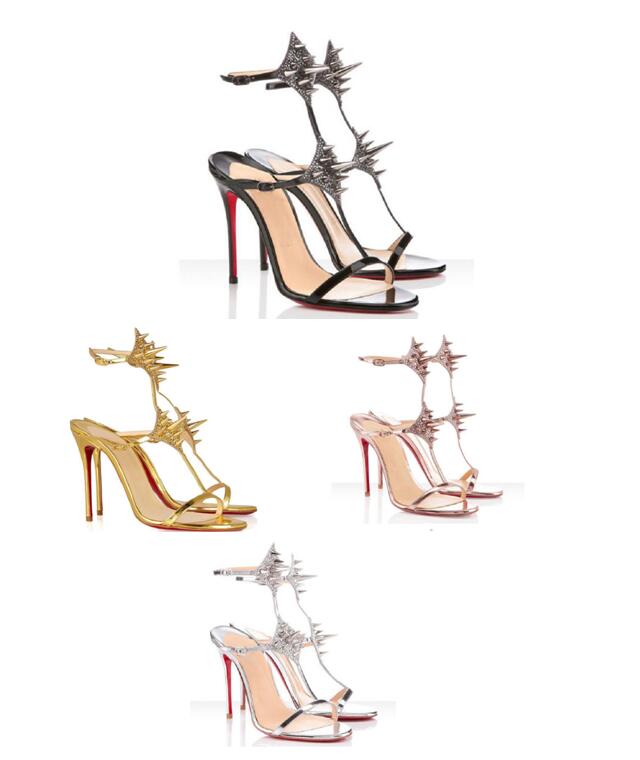 

novelty sexy open toe Red Bottoms ankle strap woman sandal gold black thin heels sandals summer high heel shoes rivet dress sandal EU35-44