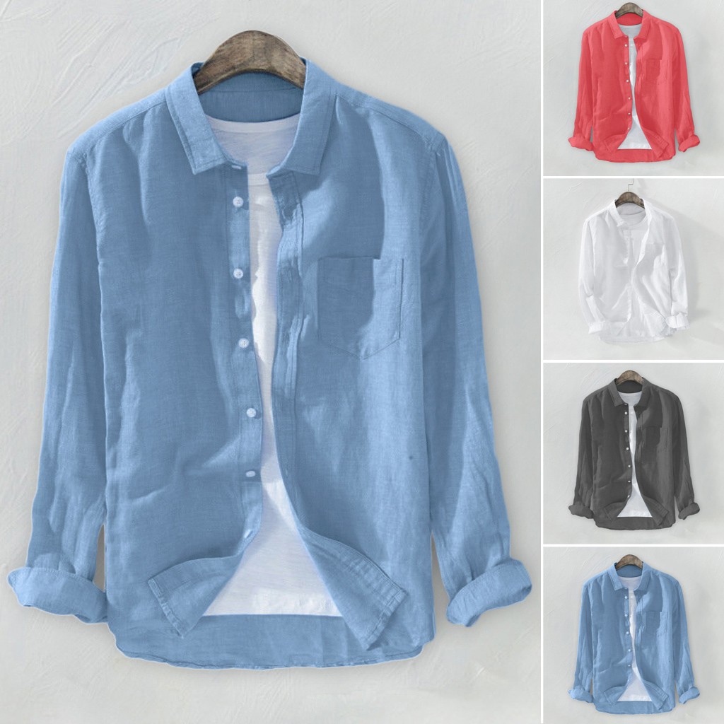 

2019 Summer Plus Size Men's Baggy Solid Cotton Linen Long Sleeve Button Pocket Shirts M-3XL camisa masculina camisas hombre, Pink