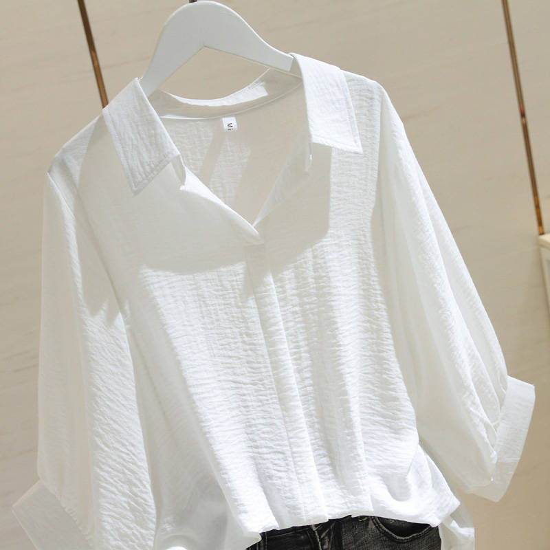 

Contracted new female 2020 summer shirt joker loose sets show thin v-neck bat sleeve shirts, Beige