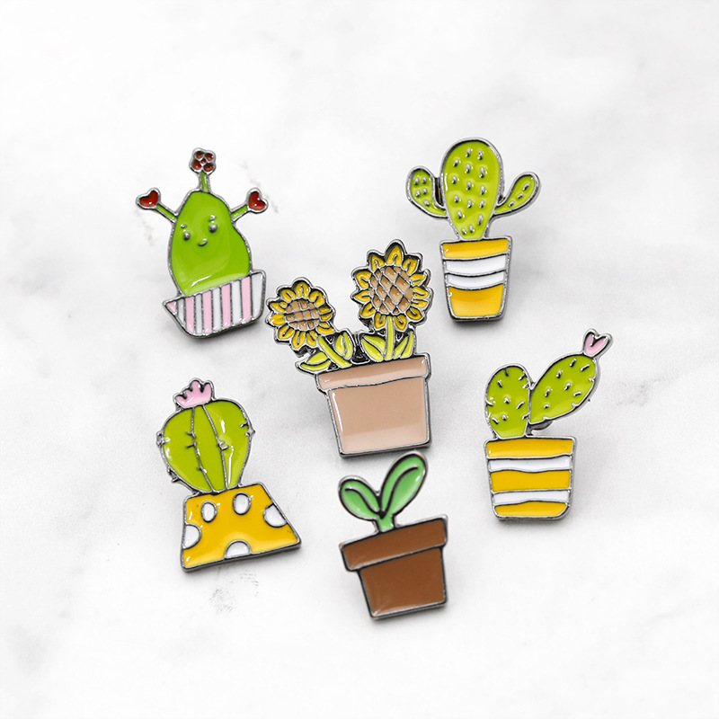 

Hot selling cute cartoon little green potted plant cactus sunflower alloy enamel pin badge brooch, Gray