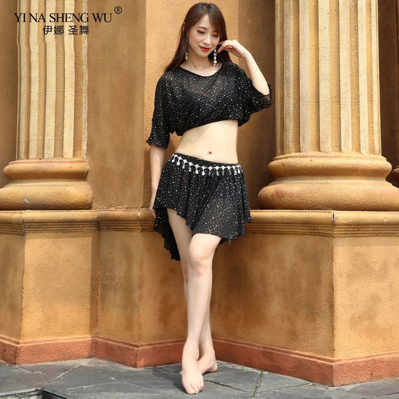 

New Women Belly Dance Clothes Sequins Suit 2 Pieces Costume Set Dance Wear Plus Size Top & Skirt Belly Practice Costumes, Wine red top-skirt