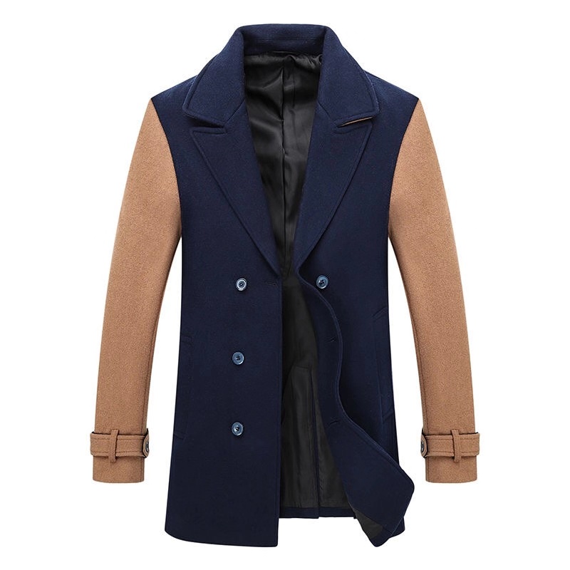 

Winter Fall Fashion Smart Casual Mens Patchwork Double Breasted Woolen Coat , Overcoat for Men , Man Wine Red Wool Long Coats