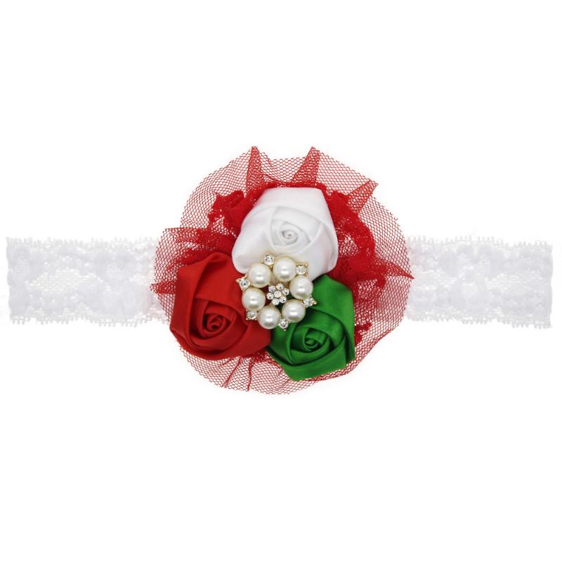 

Lace Pearl Chiffon Flower Rhinestone Ribbon Folding Christmas Hair Elastic Headbands Girls Hairband For Baby Hair Accessories