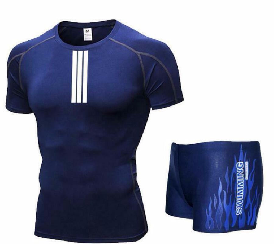 

Men Swim Top T Shirt Trunks Boxers Shorts Swimwear Short Pants SwimSuit Swimming Wear Short Sleeves for Beach Spa Pool Stripes, Black