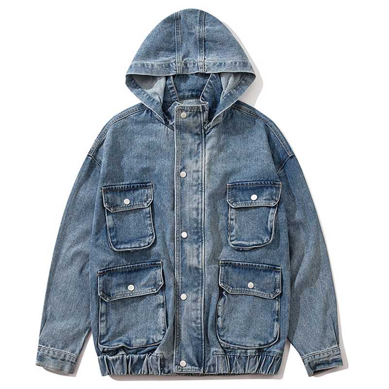 

Denim Jackets Multi pockets Streetwear HipHop New Mens Vintage Punk Rock Loose Cowboy Hooded Jeans Jacket Unisex Blue Coats Tops, Blue denim jackets