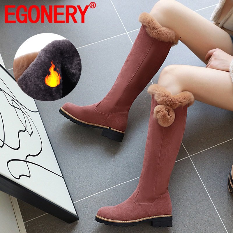 

EGONERY winter new sweet knee high boots outside casual plush warm round toe flock slip-on women shoes drop shipping size 32-43, Black