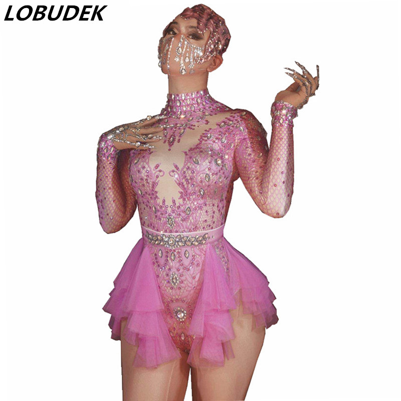 Pink Sparkly Rhinestones Printed Lace Bodysuit Elastic Skinny Long Sleeve Leotard Stage Wear Lady Birthday Party Nightclub Bar Dance Costume-image-572090144