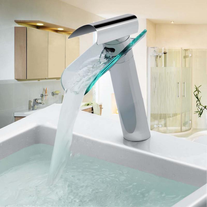 

Deck Mounted Glass Spout Basin Faucet Single Handle Waterfall Bathroom Hot Cold Water Chrome Finish Mixer Tap Fast Shipping