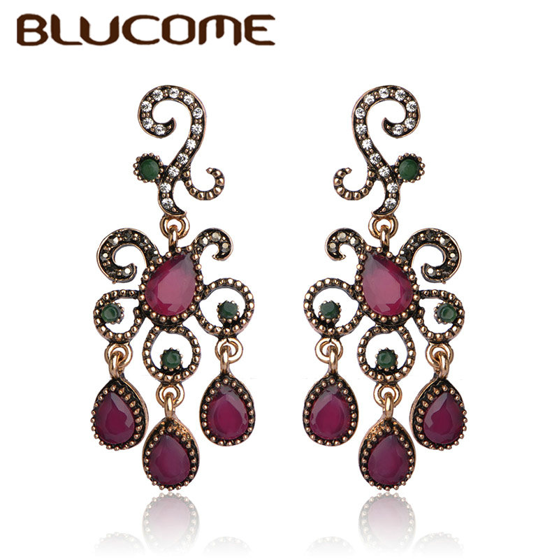 

Blucome Vintage Red Flower Pendant Retro Resin Earrings For Women Wedding Party Ear Accessories Ethnic Vintage Turkish Jewelry