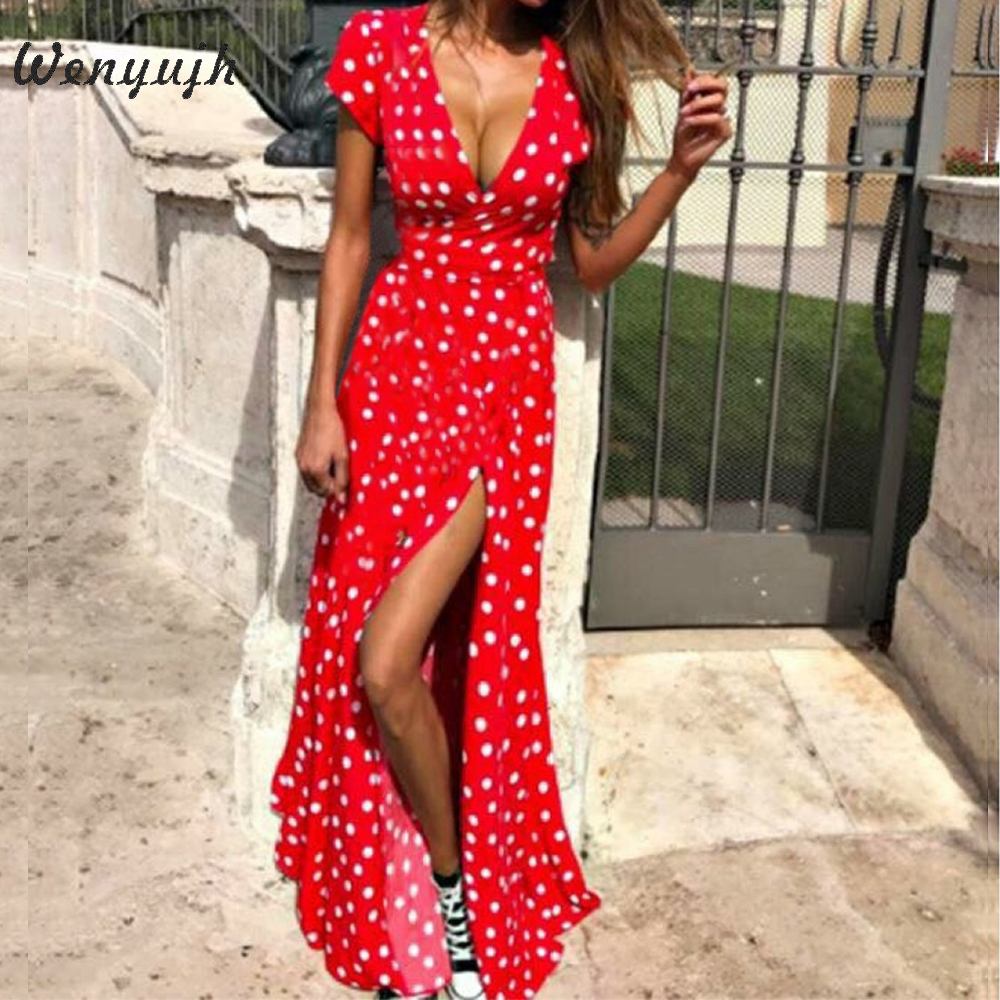 

WENYUJH Women Polka Dot High Split Dress Summer Sexy V-neck Beach Boho Dress Short Sleeve Sashes Maxi Long Dresses Plus Size, White