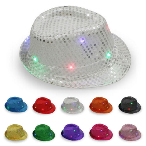 

Flashing Light Up LED Fedora Trilby Sequin Fancy Dress Dance Party Hat Unisex, Black