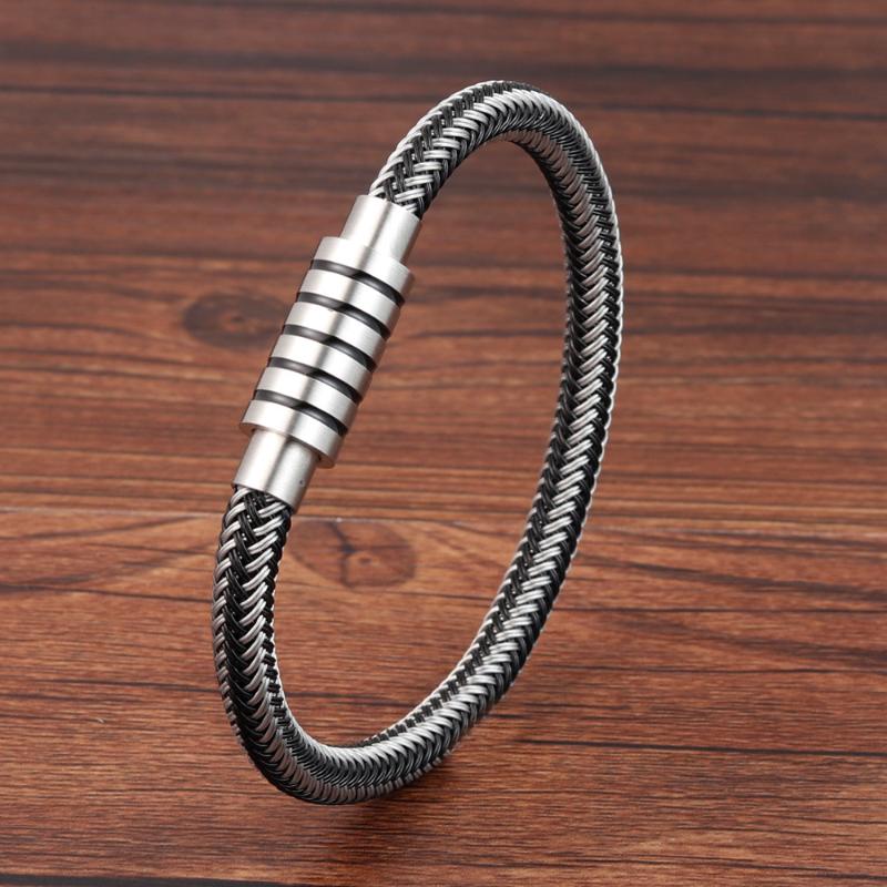 

New Punk Black and White Braided Steel Wire Bracelet Magnetic Buckle Simple Style Fashion Wristband Men Stainless Steel Bracelet
