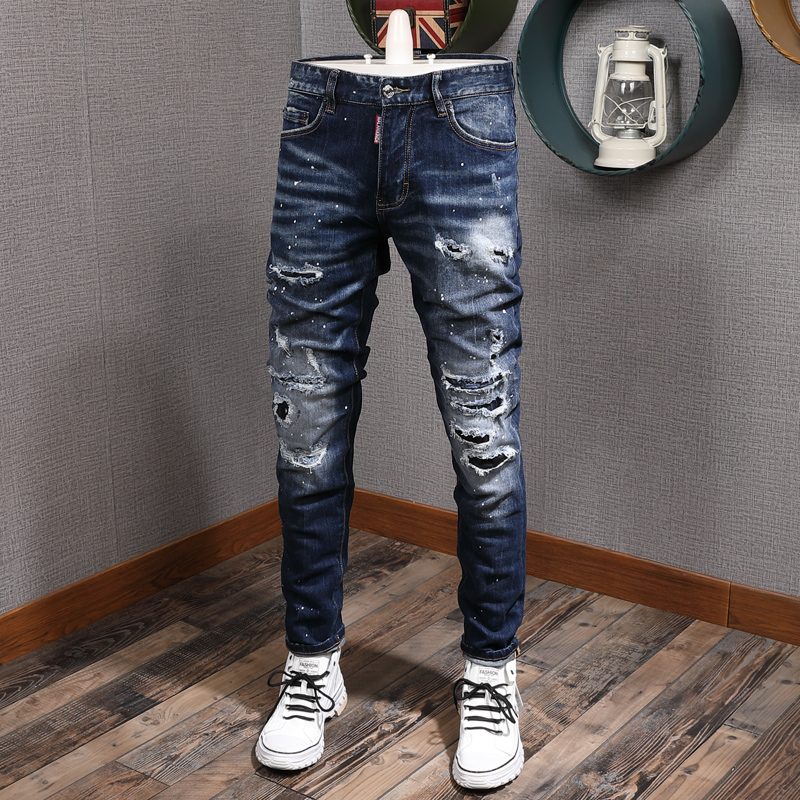 

American Streetwear Fashion Men Jeans High Quality Dark Blue Slim Fit Destroyed Ripped Jeans Punk Trousers Hip Hop Pants Hombre, Retro dark blue