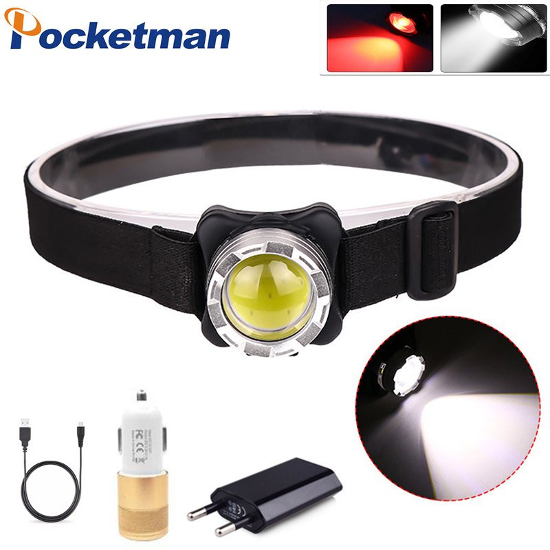 

LED COB Headlamp USB Rechargeable Head Light with Built-in Battery Waterproof Head Lamp White Red Lighting Camping