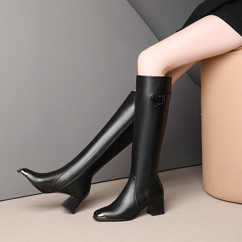 

Classic Design Women Autumn Winter Warm Knee High Boots Genuine Leather Shoes Woman Round Toe High Boots, Black